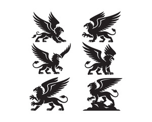 griffin silhouette, griffin vector, griffin collection, griffin set, winged creature silhouette, powerful griffin art, griffin icon collection, 