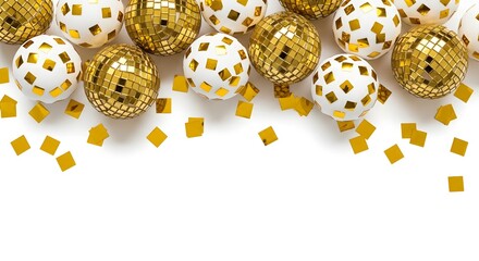 Festive gold disco balls and confetti isolated on white background create a celebratory atmosphere, perfect for adding a touch of glamour to any party or event invitation