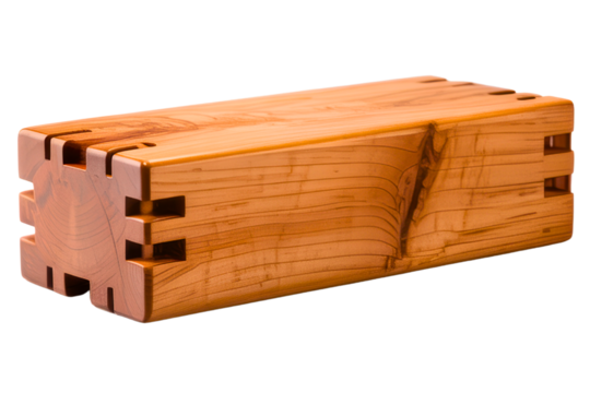 Rectangular wooden beam with interlocking joinery cuts on ends isolated with transparent background