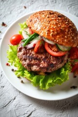 Gourmet Burger on Plate Close Up Still Life Fresh Ingredients Delicious Meal Preparation Studio Shot