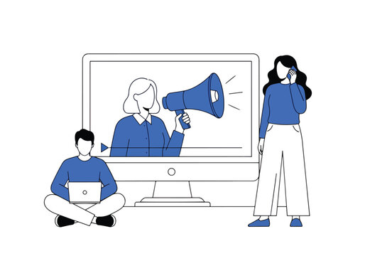 Team communication and announcement via digital screen and megaphone - Flat Vector Illustration, icon. Editable stroke. Colored vector illustration