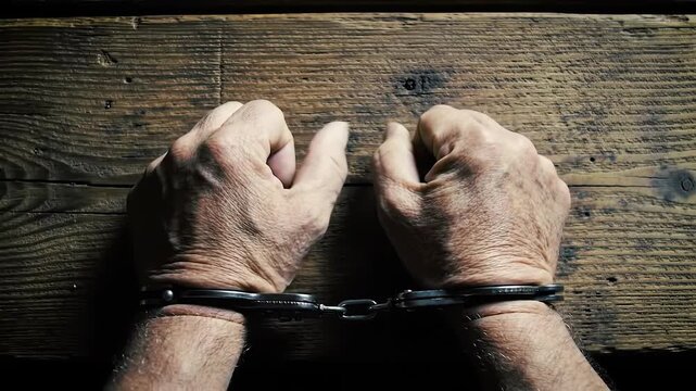 Hands in handcuffs on wood table, crime scene concept, for articles about justice