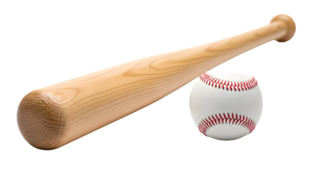 Wooden baseball bat and white baseball with red stitching isolated on a transparent background sports equipment 1