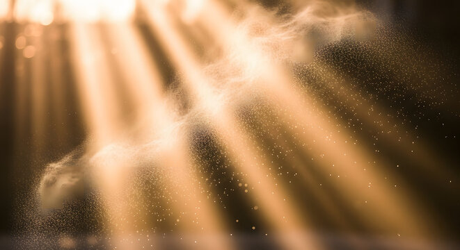 Ethereal golden sunbeams piercing through a dusty atmosphere, creating a divine light ray effect and hopeful glow