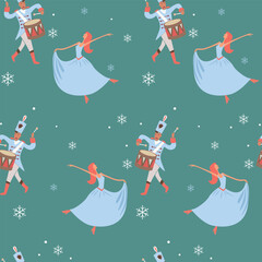 Christmas pattern with nutcracker and ballet dancer and snowflakes
