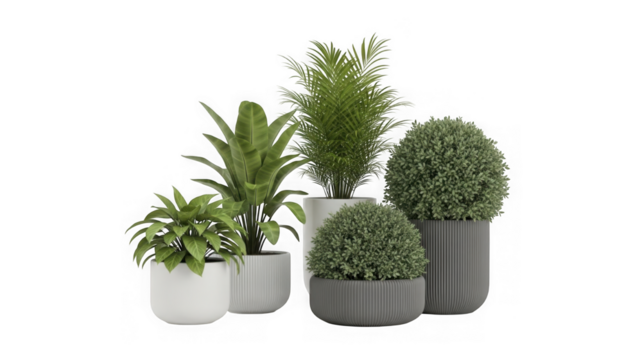 Lush green indoor plants in stylish pots, diverse botanical group isolated on transparent background