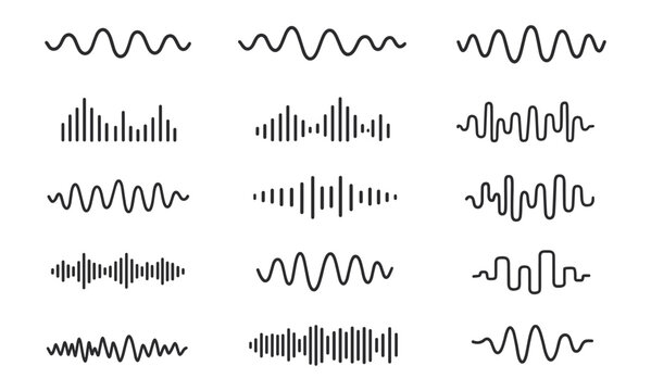 Sound waves sign set, music wave and audio equalizer icons, digital and analog waveform collection for beat frequency signal radio pulse or voice recording graphic on transparent background