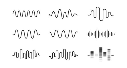 Sound waves sign set, music wave and audio equalizer icons, digital and analog waveform collection for beat frequency signal radio pulse or voice recording graphic on transparent background