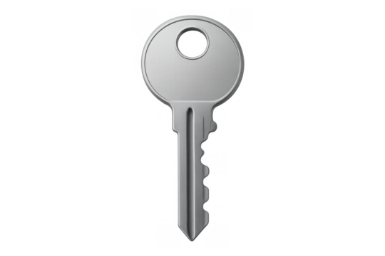 Silver metal key unlocking security, providing access, solution, and private property protection on transparent background