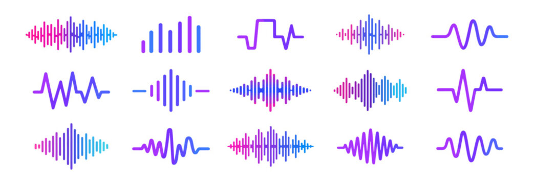 Sound waves sign set, music wave and audio equalizer icons, digital and analog waveform collection for beat frequency signal radio pulse or voice recording graphic on transparent background