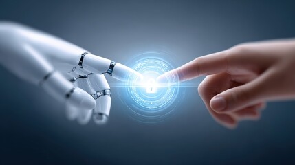 Robotic hand and human hand reaching towards each other, creating a connection with glowing digital lock symbol, representing technology and human interaction in a futuristic setting