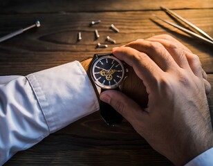 A person adjusting an analogue wristwatch on a wooden table