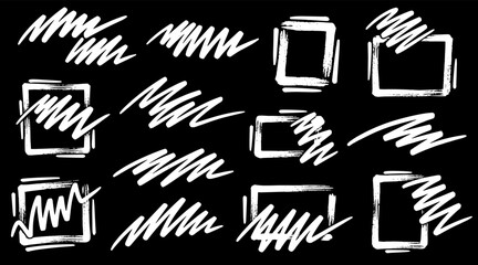Naklejka premium White brush frames and strokes arranged on dark background. Bold shapes create strong expressive contrast. Rough textures add creative dynamic feeling