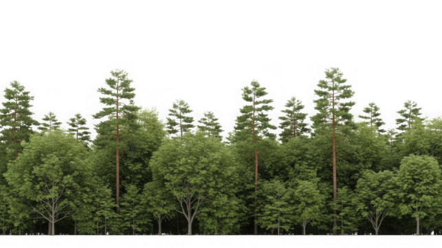 Dense mixed forest line with tall pines on transparent background isolated on transparent background