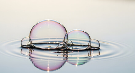 Obraz premium Delicate iridescent soap bubbles floating serenely on calm water with soft, ethereal reflections at sunset