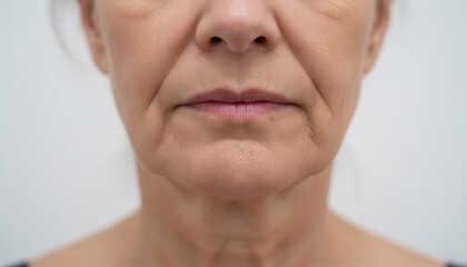 Close-up of mature woman’s face with visible nasolabial folds on neutral background