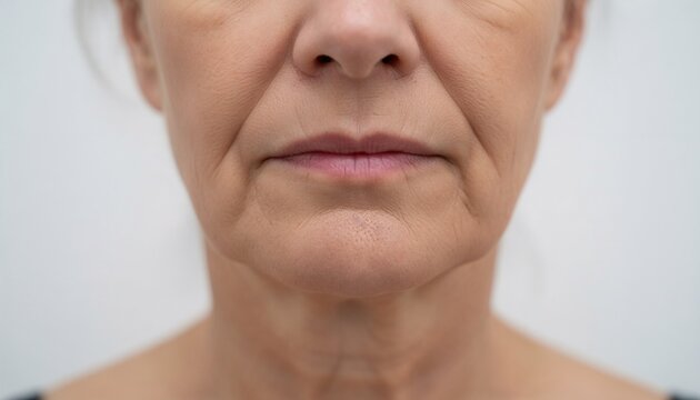Close-up of mature woman&rsquo;s face with visible nasolabial folds on neutral background