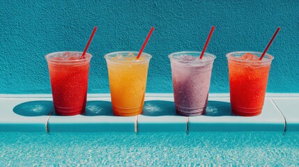 Refreshing colorful frozen drinks sitting poolside on summer day; vibrant red orange purple smoothies with straws; bright sunny tropical vacation