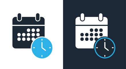 Calendar and clock icons on dark background - Vector icon symbol for website - Icon vector - Blue icon vector - Line and glyph solid icon and logo template