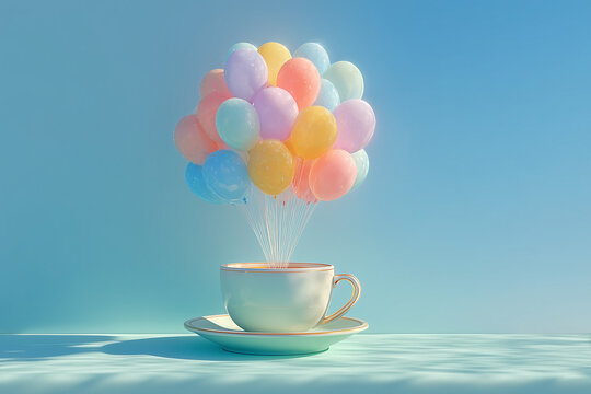 cup with colorful balloons floating, white and gray color scheme, soft lighting, playful and whimsical atmosphere, suitable for party invitations, social media posts, and creative advertising campaign