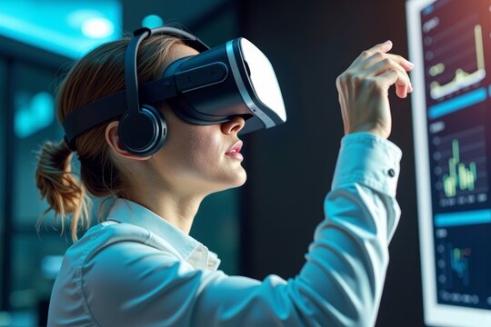 Immersive Analysis: Accountant Manager Delving into Financial Data with Virtual Reality Headset amid Floating Invoices - Powered by Adobe