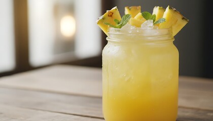 A 600ml clear jar filled with bright yellow pineapple drink, decorated with fresh pineapple chunks on the rim and small mint leaves, sits on a wooden table.