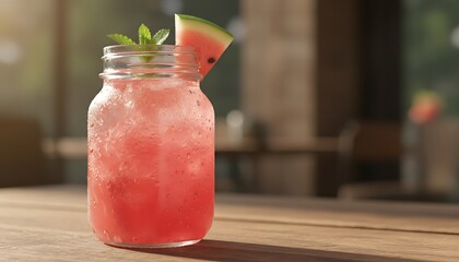 A 600ml jar filled with pink watermelon gin, decorated with fresh watermelon slices on the rim and small mint leaves, is placed on a wooden table.