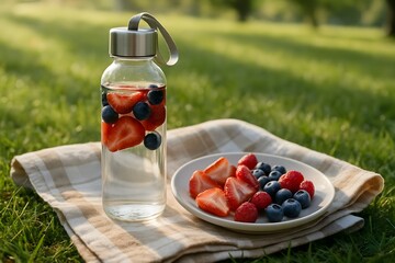 Clear Water Bottle Filled With Berries Alongside Picnic Plate