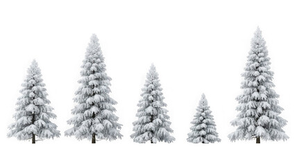 Group of freshly snow-covered evergreen trees in winter scene. isolated on transparent background