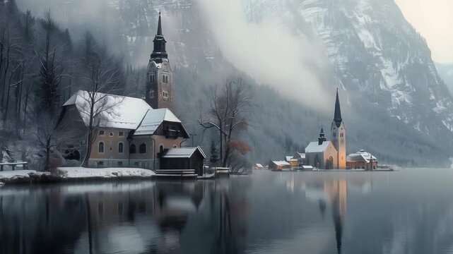 Snow-covered cottages by the lake against a backdrop of mountains and mist convey the tranquillity of a winter landscape — an excellent backdrop for meditative apps or tourist brochures.
