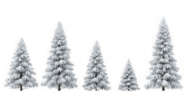 Group of freshly snow-covered evergreen trees in winter scene. isolated on transparent background - Powered by Adobe