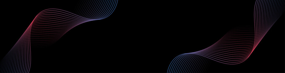 Abstract background with lines and waves. Web banner size. Element for design isolated. Vector background for brochure, booklet, flyer, poster. Colorful and black gradient. Pink and blue