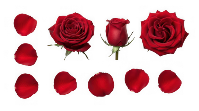 Collection of vibrant red roses and scattered petals on white isolated on transparent background