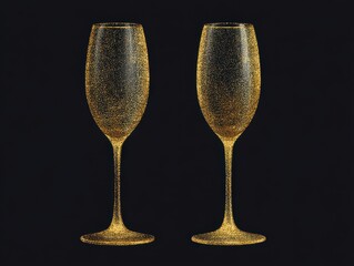 Two golden champagne flutes glittering against dark backdrop studio shot celebration luxury elegance