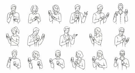 Fototapeta premium Diverse People Using Smartphones - A Collection of Line Art Illustrations.