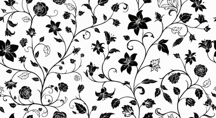 Black and white seamless floral pattern with elegant swirling vines and flowers. © Mei
