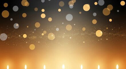 Warm glowing abstract background with sparkling bokeh lights and candle flames