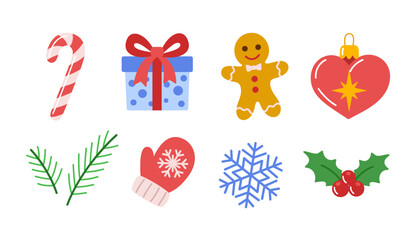 Christmas and winter holiday elements set. candy cane, gift and gingerbread, heart and fir branches, mitten, snowflake and holly. flat style. For festive design, greeting cards, seasonal graphics