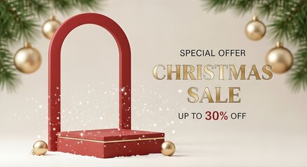 Red gift box with golden accents and festive decorations, surrounded by Christmas ornaments, conveying a special offer for Christmas sale and New Year discounts with copy space
