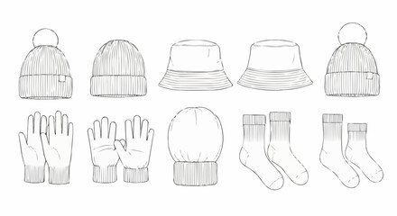 Winter Accessories Collection - Hats, Gloves, and Socks Line Art.