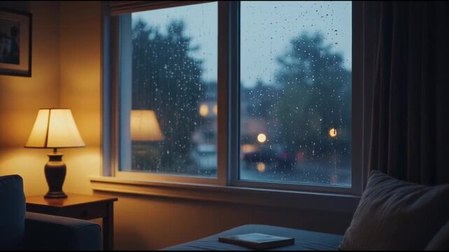 Lo-fi animated room with rain on the window, cozy ambience perfect for relaxation, study, and creative focus.