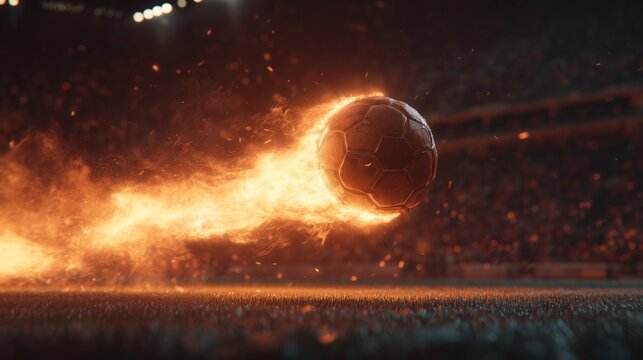 Cinematic Fiery Soccer Ball Entering Stadium with High Energy Atmosphere