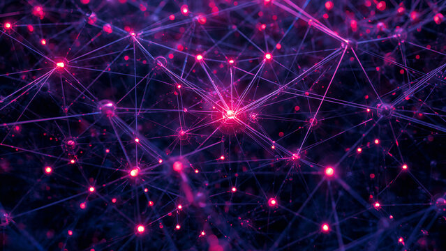Abstract Network Connecting Dots with Pink Glowing Light on Dark Background