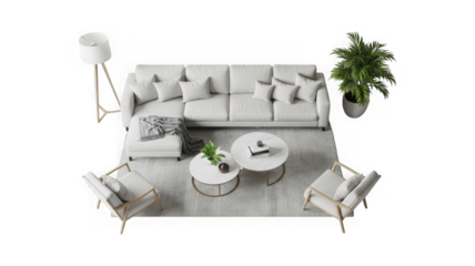 Modern minimalist living room furniture set design, overhead view isolated on transparent background