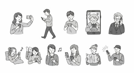 Diverse group of people using smartphones in various everyday situations.
