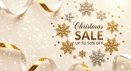 Elegant Christmas sale design featuring golden snowflakes, festive ribbons, and sparkling background, promoting discounts up to 50% off for holiday shopping season