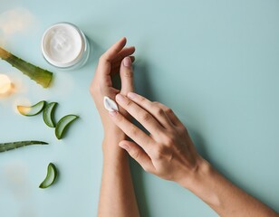 Woman applying cream from a jar with aloe on blue surface