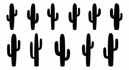 Collection of Black Saguaro Cactus Silhouettes on White Background.