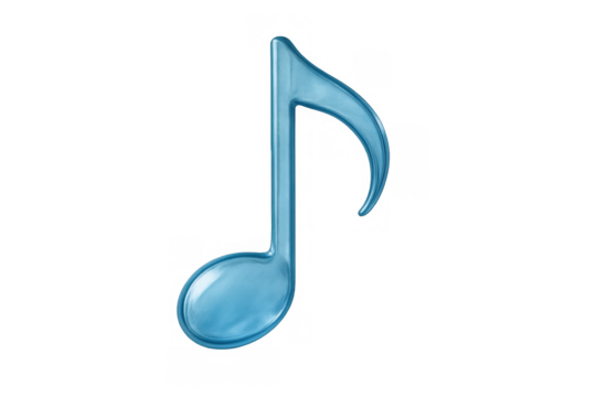 Blue glossy eighth note symbol representing sound, music, melody, rhythm, and song element on transparent background