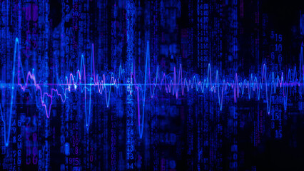 Abstract Data Stream with Blue Audio Waveform Overlay